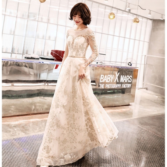 Champagne Sequined 3/4 Sleeve Gown